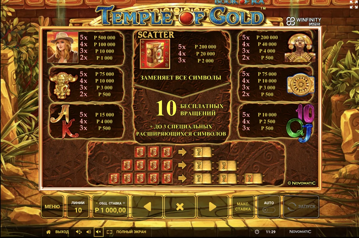 Автомат Temple of Gold: таблица выплат со скаттером, исследовательницей, вождём, золотым идолом и солнечным диском
